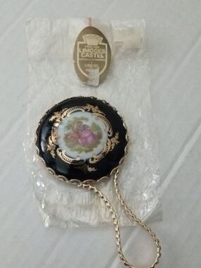Limoges Vintage Porcelain Black and Gold Floral Hand Mirror